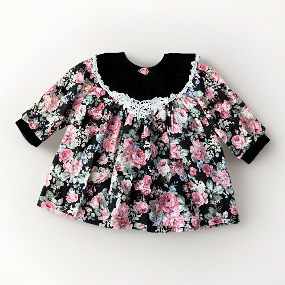 Vintage JoLene Infant Girl Floral Dress 24 Mo Black Pink Rose Lace Collar USA